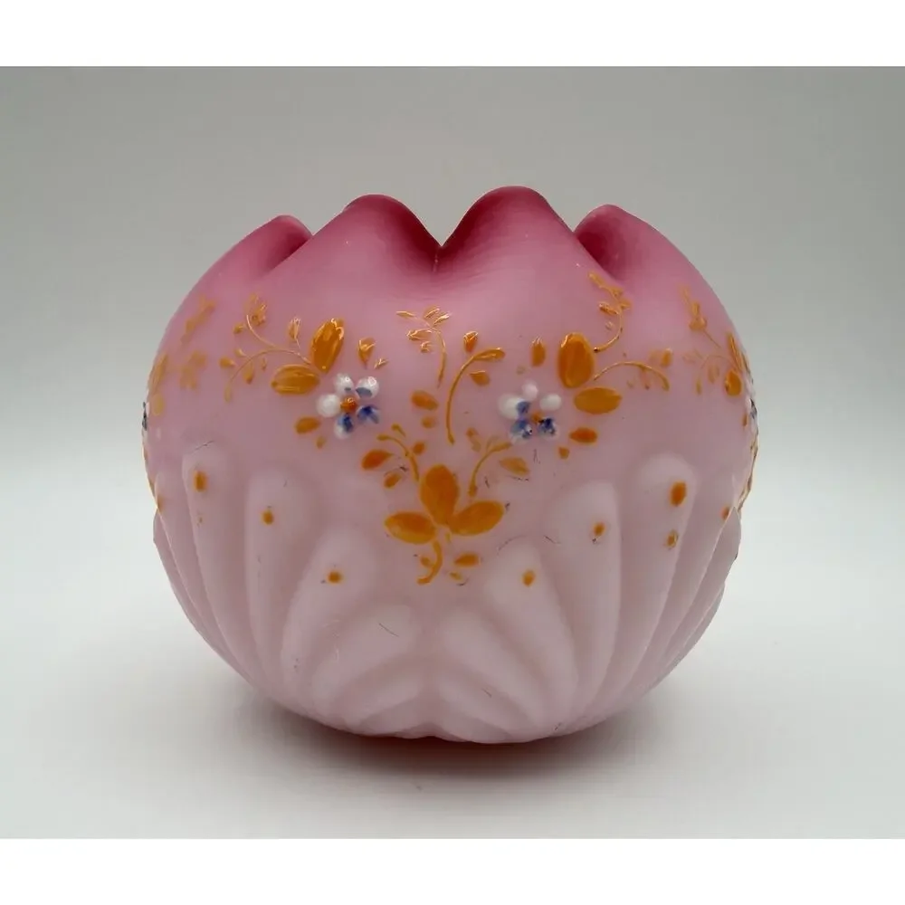 Mt. Washington Pink Satin Glass Shell & Seaweed Rose Bowl Vase 4” UV Reactive